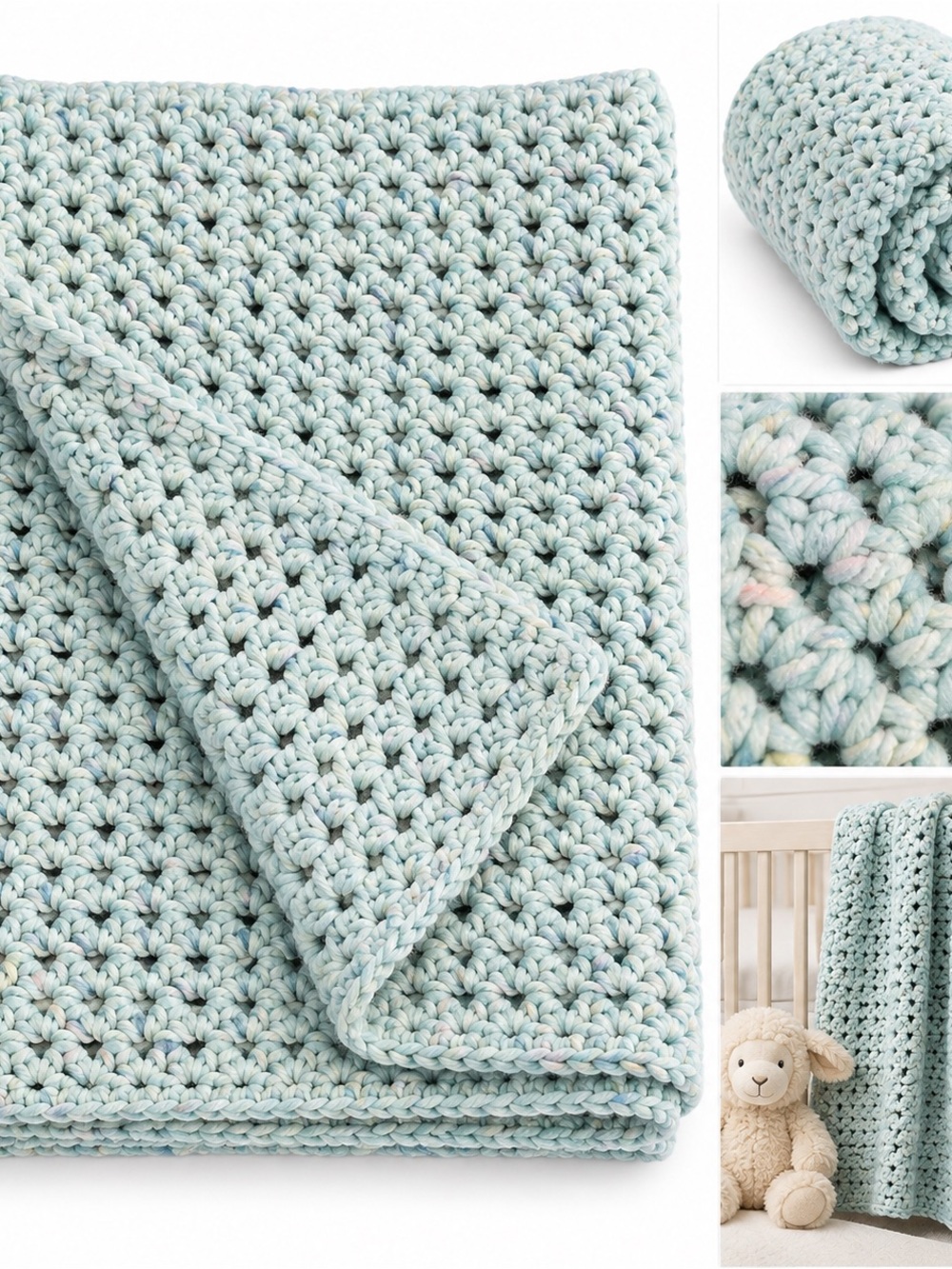 Handmade Crochet Baby Blanket Light Blue Pastel Speckled Chunky Soft 32” x 44”